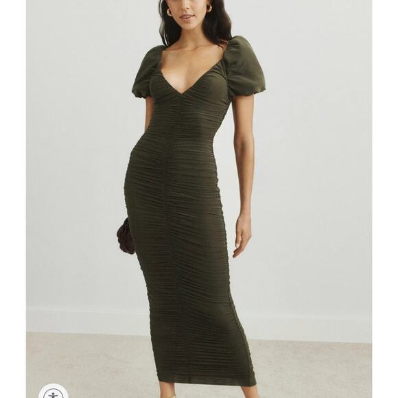 Ronny Kobo Olive Mesh Ruched Midi Dress MEDIUM Slinky Bodycon Cocktail Designer - Picture 1 of 12